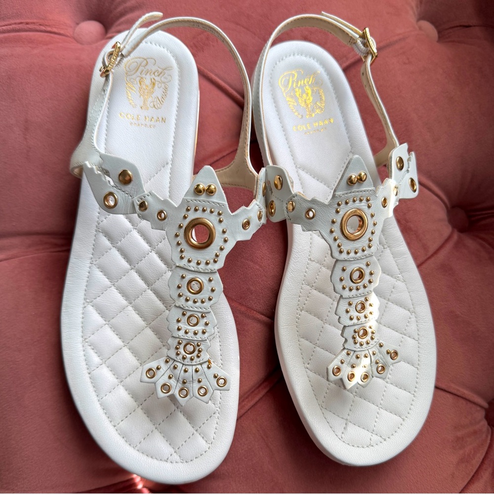 Cole Haan White Leather Embellished T-Strap Sandals